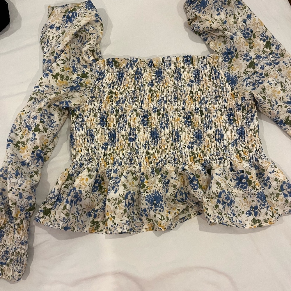 En Saison Floral Smocked Blouse - Blue and Cream